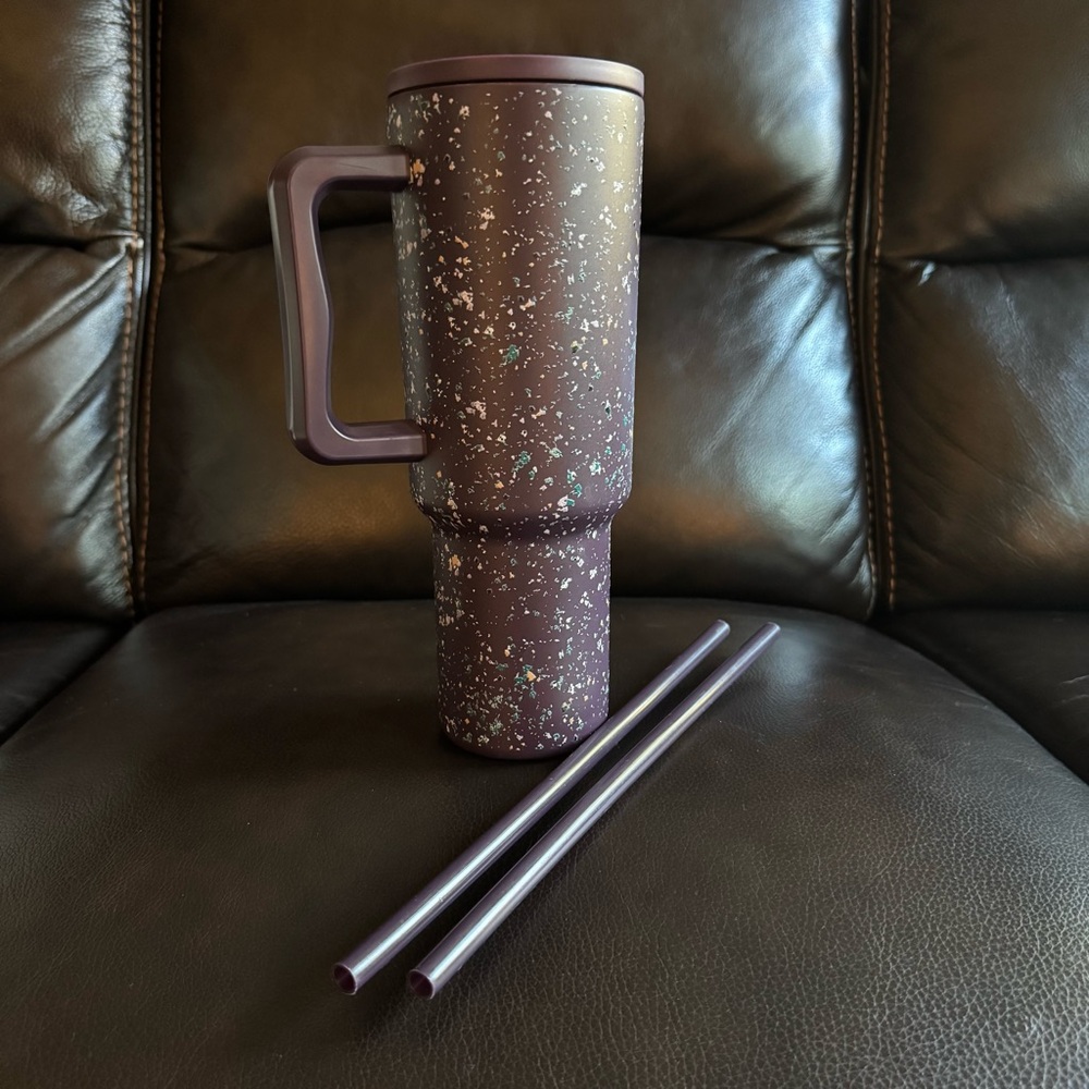 Elegant Purple Terrazzo Travel Bottle with Straws